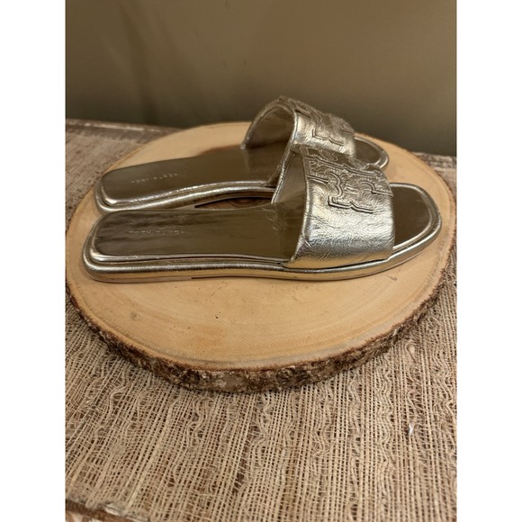 Tory Burch Double T Sport Slide Leather Sandals Gold Spark Sz-9.5 298$ - Picture 7 of 14